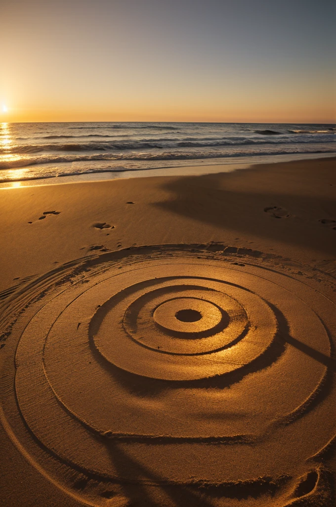 Three interlocked circles drawn in the sand, each circle glowing, sinister shadows around the center, beach at twilight, soft natural lighting from the setting sun, inspired by Andy Goldsworthy, land art, sand, installation art, warm hues of gold and amber, 3D rendered, high resolution, photorealistic, detailed textures