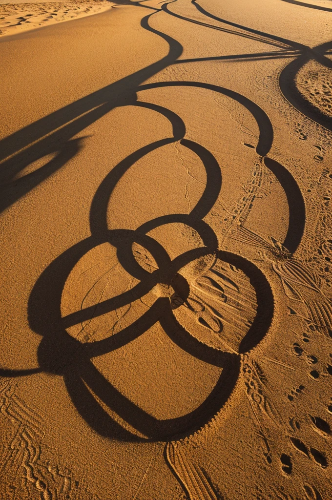 Three interlocked circles drawn in the sand, each circle glowing, sinister shadows around the center, beach at twilight, soft natural lighting from the setting sun, inspired by Andy Goldsworthy, land art, sand, installation art, warm hues of gold and amber, 3D rendered, high resolution, photorealistic, detailed textures