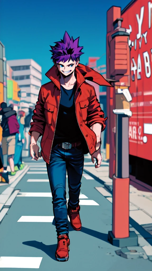 Bad boy, low angle, purple pompadour, red jacket and jeans, looking at camera, smiling, Tokyo city,Pocket Hand、solo