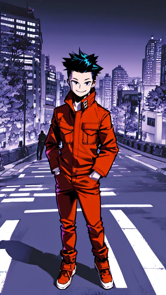 Bad boy, low angle, purple pompadour, red jacket and jeans, looking at camera, smiling, Tokyo city，Pocket Hand、solo