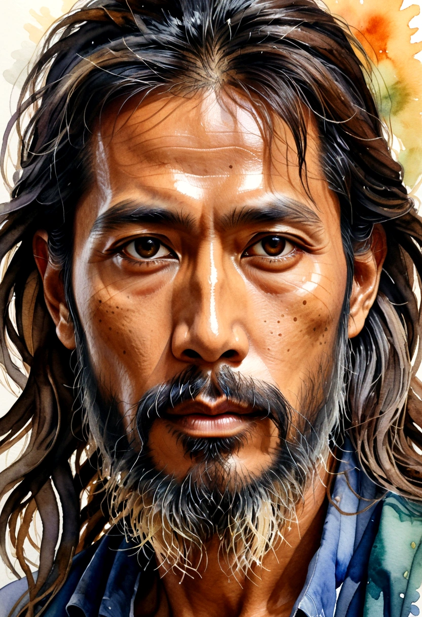 Watercolor image of the face of a Thai man with narrow eyes, long hair, and a long, messy beard.