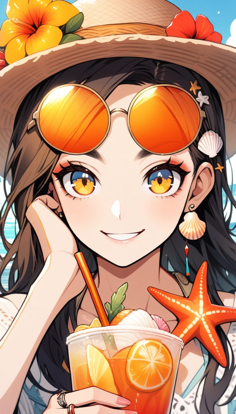 absurderes, hight resolution, ultra-detailliert, 1girl in, Solo, extremely detailed eye, starfish, shellfish, seashells, flower, hat, Hair Ornament, Jewelry, a straw fedora hat, Looking at Viewer, Sunglasses, hat flower, drinking straw, hair clips, earrings, Red flower, tinted eyewear, yellow flower, Bangs, english text, multicolored hair, orange flower, Black hair, Ring, cup, Long hair, Orange eyewear, food, Brown hair, Portrait, Shell Hair Ornament, a smile,