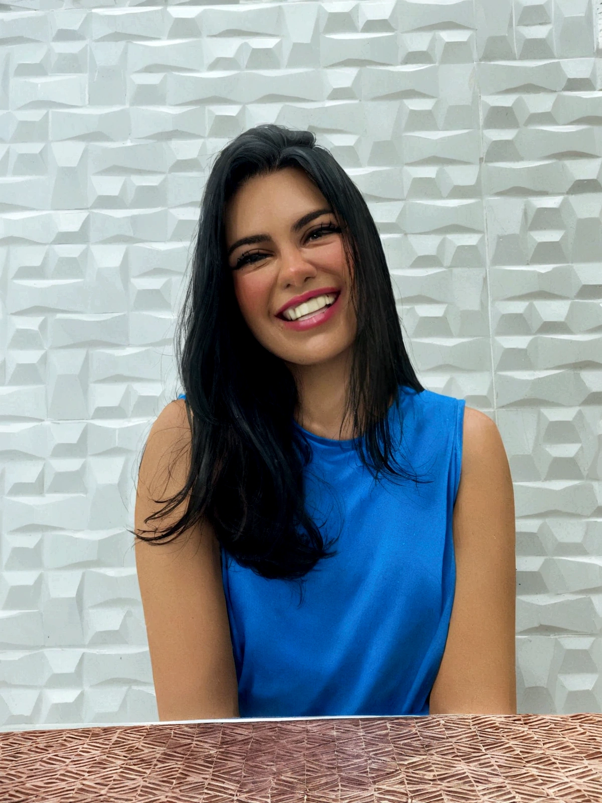 smiling woman in blue dress, sitting at the table with a plate of food, Julia Fontes, valentine shuffle, alanis guillen, fernanda suarez, by Amélia Peláez, Andreia Rocha, powder Nándor Katona, adriana dxim, by Olivia Peguero, malika favre, by Luis Miranda, Carolina Gariba