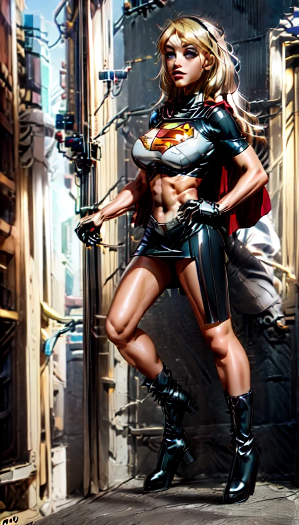 (cowboy shot), SFW, (masterpiece), (best quality: 1.0), (ultra highres: 1.0), detailed eyes, BREAK Supergirl, 1girl, long blonde hair, in the air, flying hair band, (((black crop top))), short sleeves, cape, black pencil skirt), gloves, boots BREAK (Famous, interview, among audiences)
