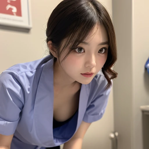 High resolution、超High resolution、photograph、Japanese Women、Looking into the distance、cute、Age 25、Random Hairstyles、Side view angle、Highly detailed skin、Rough skin、Detailed chest、Japanese、Leaning forward、downblouse、Blue Nurse Uniform、bed、Hospital room