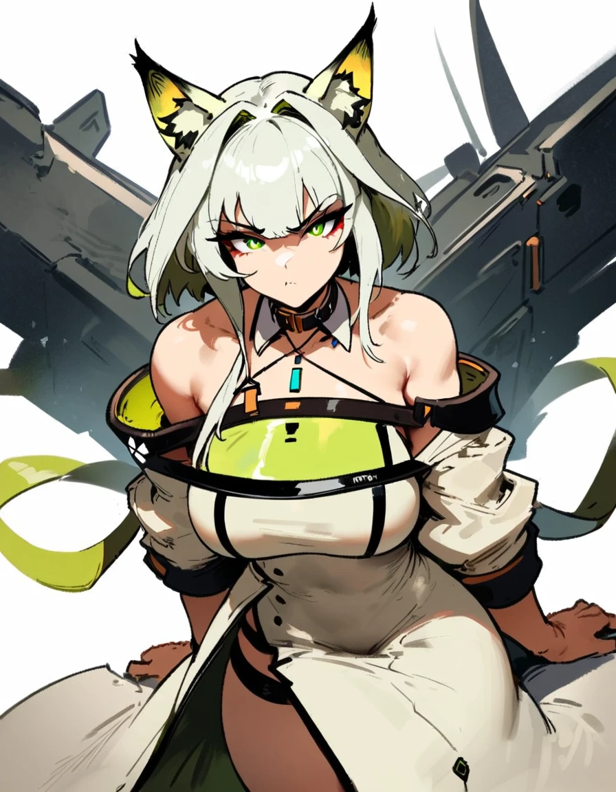 1girl, kal'tsit \(arknights\), arknights \\\\\ masterpiece, best quality, very aesthetic, absurdres, newest \\\\\\ slim body,///// ,by nyantcha,cutesexyrobutts , by khyle,,////// ,,,, , ,,detailed face, , ,, , , , , beautiful face, (white background:1.2), , sexy, , serious.angry, green eyes, animal ears, , ,,,big tits,),  in the center of the frame,,, ,wears a lab coat, ,full body ,  solo, 