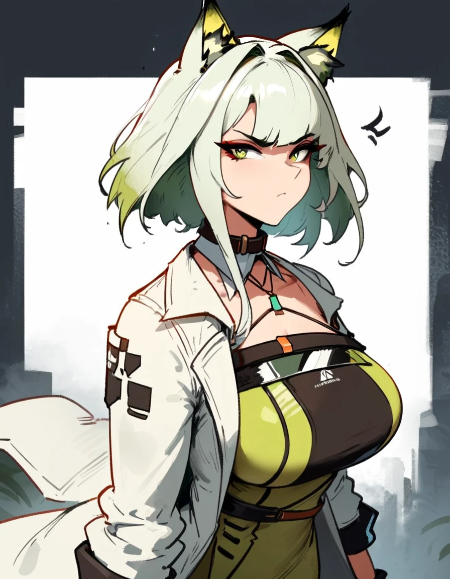 1girl, kal'tsit \(arknights\), arknights \\\\\ masterpiece, best quality, very aesthetic, absurdres, newest \\\\\\ slim body,///// ,by nyantcha,cutesexyrobutts , by khyle,,////// ,,,, , ,,detailed face, , ,, , , , , beautiful face, (white background:1.2), , sexy, , serious.angry, green eyes, animal ears, , ,,,big tits,), in the center of the frame,,, ,wears a lab coat, ,full body , solo,