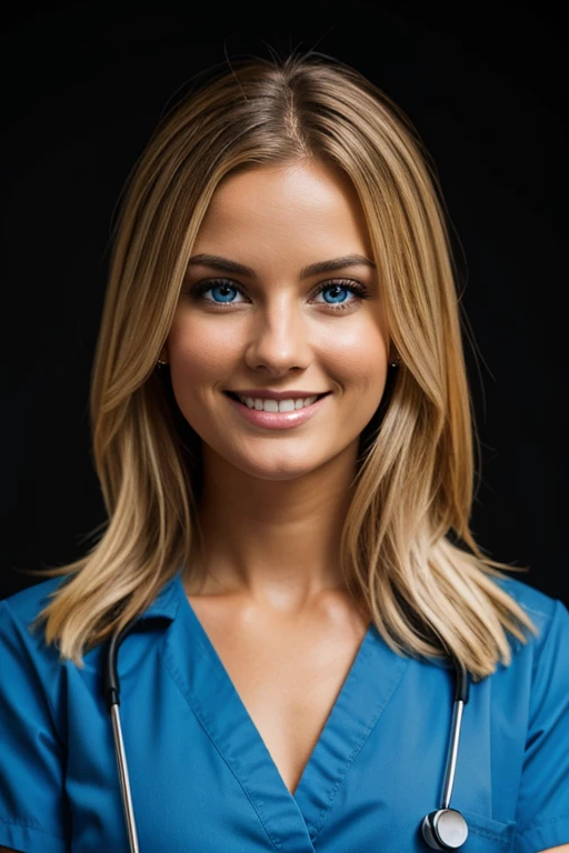 Very attractive blonde woman, doctor. Dark blue eyes, facing the camera. Smiling. Black Background. showing her hands infront of her.