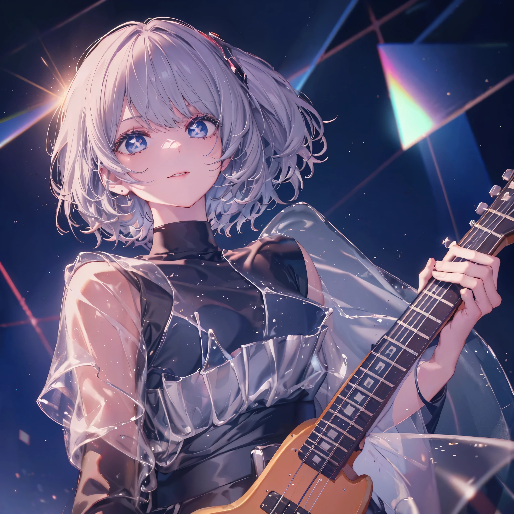 (((1 person Gray Hair dress singer blue eyes There is a microphone stand in front of you.))) ((High resolution short hair 青いdress Black Skirt Rin々Funny face)) ((Close-up)) ((Sing a song Shining Aura On stage Guitar solo)) (smile Exposure to blue light) Shining Background Shining Edge