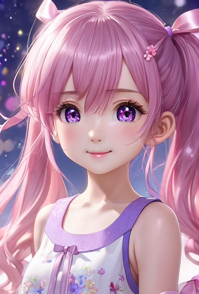 (((masterpiece)))(((Highest quality)))(((8K)))(((4K)))One Little Girl、 years old、Straight Hair、voluminous ponytail(Pink Hair)Pink high ponytail、Ribbon on head、Crossed bangs、Light purple eyes、Squint your eyes、((Smile with your mouth closed))、(((Cute Mini Dresses)))、Small breasts, from behind、turn around、Upper Body、Anime Style