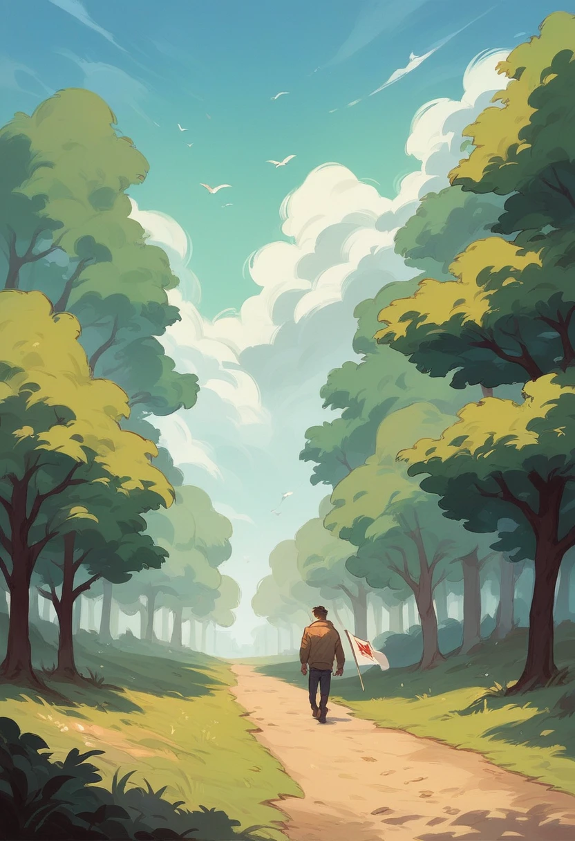 Valley of fear with green trees and a boy walking with a white flag in his hand, The boy has the back of his jacket written master