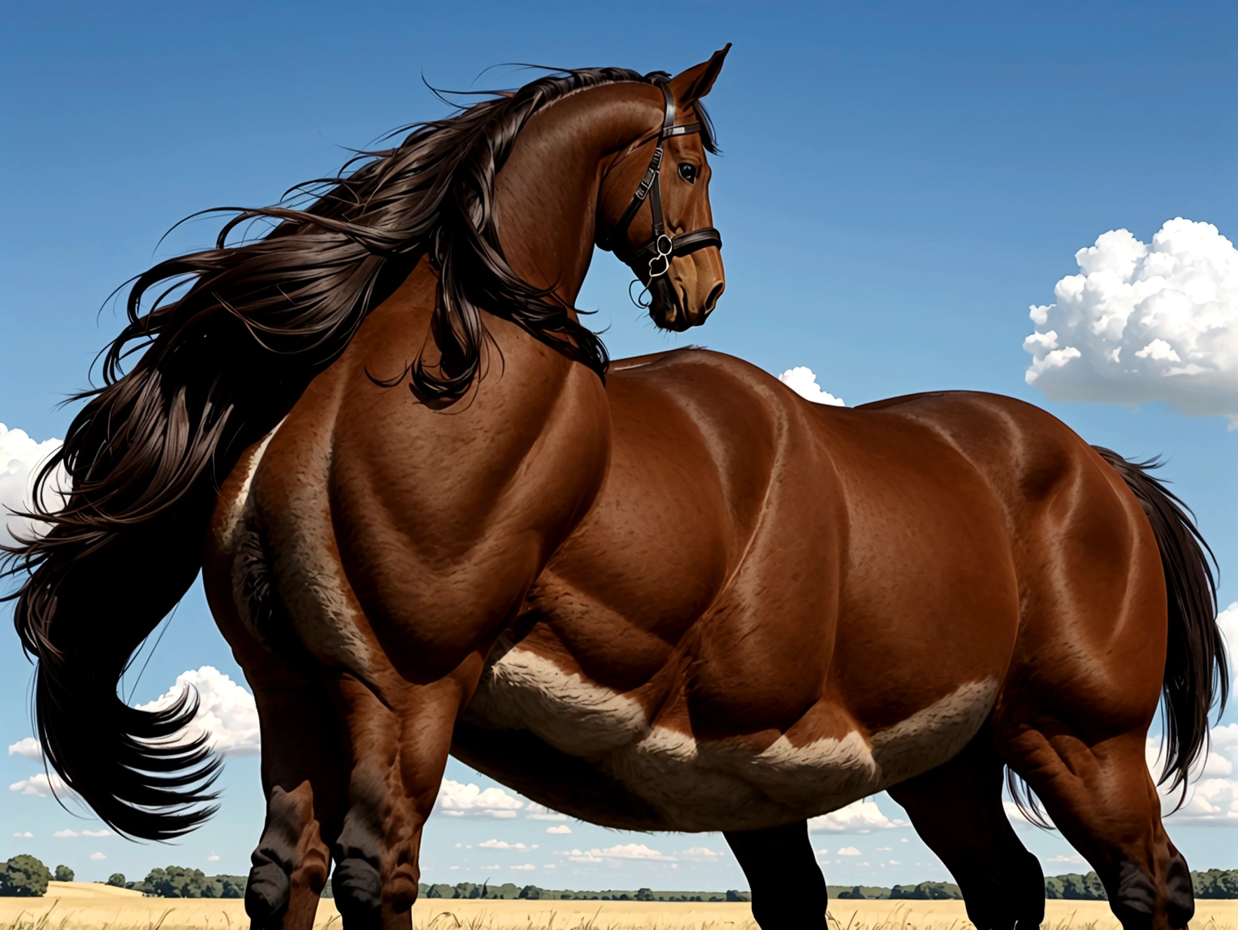 full side view of a big fat Clydesdale horse mare with a massive bum and a very short tail. horse facing horizon . BBW very full figured very dark skinned BBW nude African woman riding horse. flat grass meadow. looking to horizon . a single huge pile of steaming horse dung on the ground behind horse. cloudless blue sky.