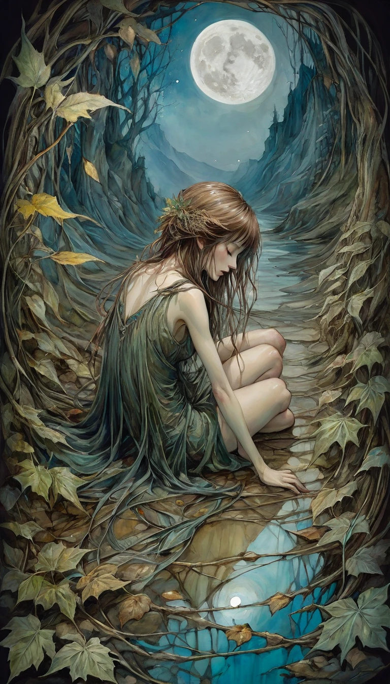 eight cups of liquor on the floor, a woman with her back turned with a cane leaves the scene, mountains, moon with eyes,
(art inspired by Brian Froud and Carne Griffiths and Wadim Kashin, intricate details, oil painting)