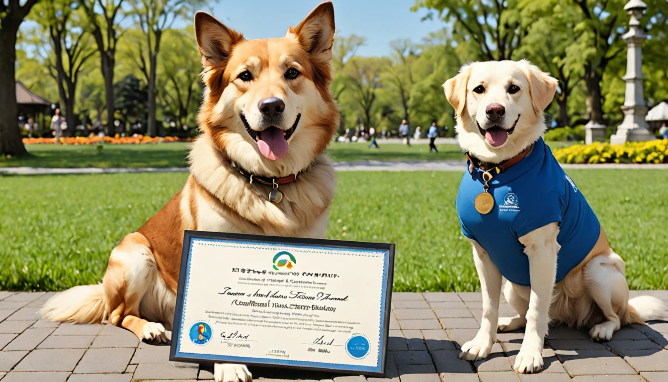 Owner:
- A man in his mid-40s、prideと喜びに満ちた表情をしている
- ベンチに座り、Holding Therapy Dog Certification Frame in Both Hands - Casually Dressed（Blue polo shirt、Khaki pants、Brown shoes）- to see the dog sitting next to him、Therapy dog with head tilted slightly:
- Ownerの隣のベンチに座っているゴールデン・レトリバー
- 「Certified Therapy Dog」のパッチが付いた赤いセラピードッグ用のベストを着ている
- Ownerが持つ認定証を直接見つめ、He has a proud and satisfied look on his face - his tail is slightly wagging、Certificate showing happiness and excitement:
- With elegant fonts「Therapy Dog Certification」A framed certificate with the words &quot;I am a novice&quot; written on it.、Dog Name、Ownerの名前、- The certification date is clearly stated - The certificate has a gold seal and the certifying agency&#39;s logo - The picture frame has a simple but elegant dark wood design background:
- Green Grass、wood々、A park setting with paved paths - the benches they sit on、古典的なwood製の公園のベンチ
- 背景には、Enjoy walking the dog、People enjoying the park々- On a clear day、The overall atmosphere is of a blue sky with a few fluffy white clouds floating in it.:
- Ownerとセラピードッグが共有する達成感、pride、喜びを伝える
- Ownerと犬の間の強い絆を強調し、This certificate represents the journey they have traveled together.、セラピー動物としての活動の準備が整ったことを示す重要な瞬間であることを伝える
- Ownerと犬の両方の幸福感と満足感を反映した、Create a warm and positive atmosphere