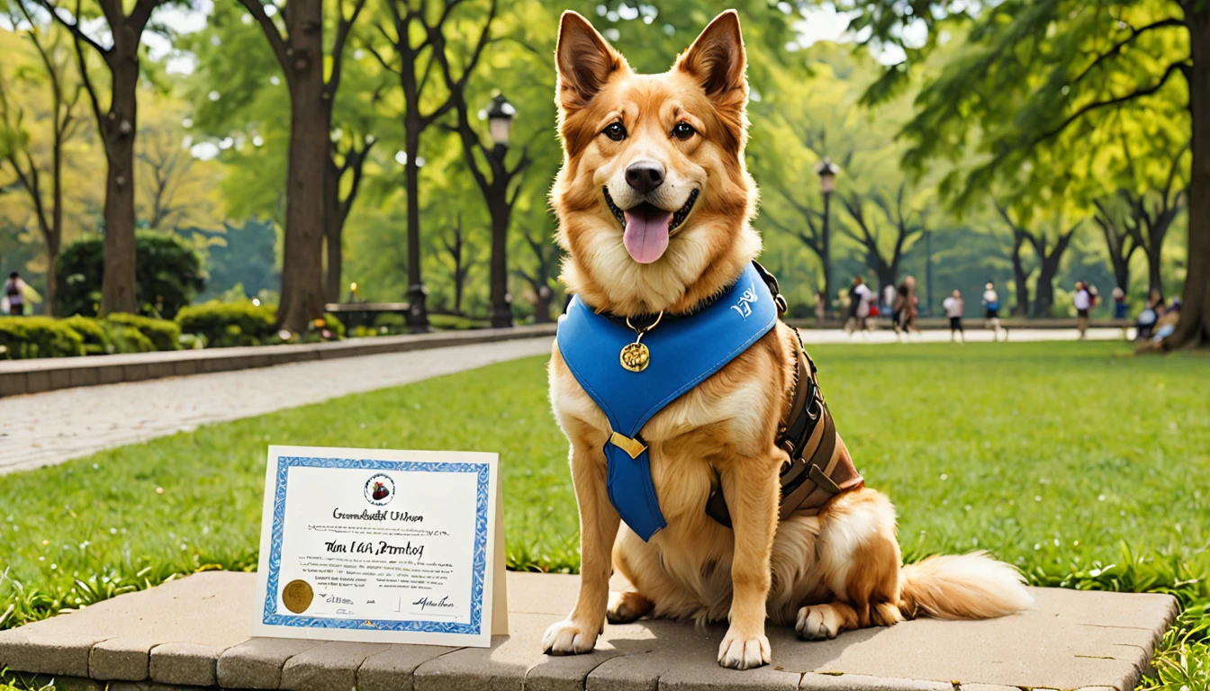Owner:
- A man in his mid-40s、prideと喜びに満ちた表情をしている
- ベンチに座り、Holding Therapy Dog Certification Frame in Both Hands - Casually Dressed（Blue polo shirt、Khaki pants、Brown shoes）- to see the dog sitting next to him、Therapy dog with head tilted slightly:
- Ownerの隣のベンチに座っているゴールデン・レトリバー
- 「Certified Therapy Dog」のパッチが付いた赤いセラピードッグ用のベストを着ている
- Ownerが持つ認定証を直接見つめ、He has a proud and satisfied look on his face - his tail is slightly wagging、Certificate showing happiness and excitement:
- With elegant fonts「Therapy Dog Certification」A framed certificate with the words &quot;I am a novice&quot; written on it.、Dog Name、Ownerの名前、- The certification date is clearly stated - The certificate has a gold seal and the certifying agency&#39;s logo - The picture frame has a simple but elegant dark wood design background:
- Green Grass、wood々、A park setting with paved paths - the benches they sit on、古典的なwood製の公園のベンチ
- 背景には、Enjoy walking the dog、People enjoying the park々- On a clear day、The overall atmosphere is of a blue sky with a few fluffy white clouds floating in it.:
- Ownerとセラピードッグが共有する達成感、pride、喜びを伝える
- Ownerと犬の間の強い絆を強調し、This certificate represents the journey they have traveled together.、セラピー動物としての活動の準備が整ったことを示す重要な瞬間であることを伝える
- Ownerと犬の両方の幸福感と満足感を反映した、Create a warm and positive atmosphere