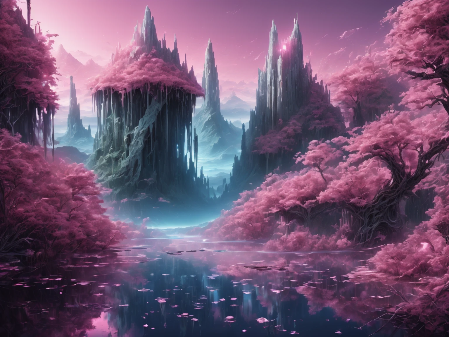 ((Best Quality)), ((Masterpiece)), ((Realistic Digital Art)), (Ultra Detailed), DonMR0s30rd3r Mythological Landscape Hiking Trail, Pink Valley, Dawn, Swamp Birds, Octane Rendering, Ray Tracing, Volumetric Lighting, Backlighting, Rim Lighting, Blue Land, 8K, HDR