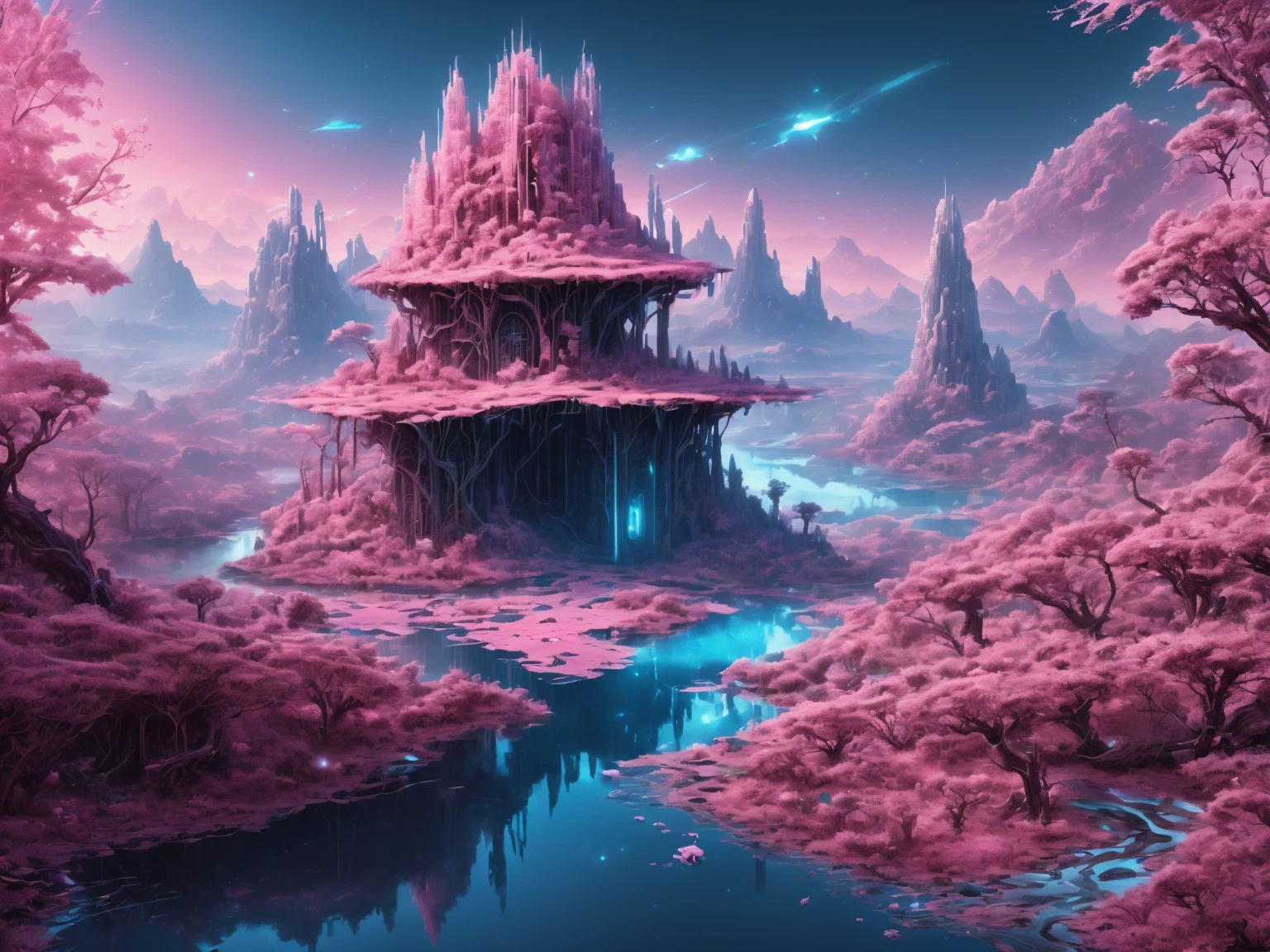((Best Quality)), ((Masterpiece)), ((Realistic Digital Art)), (Ultra Detailed), DonMR0s30rd3r Mythological Landscape Hiking Trail, Pink Valley, Dawn, Swamp Birds, Octane Rendering, Ray Tracing, Volumetric Lighting, Backlighting, Rim Lighting, Blue Land, 8K, HDR