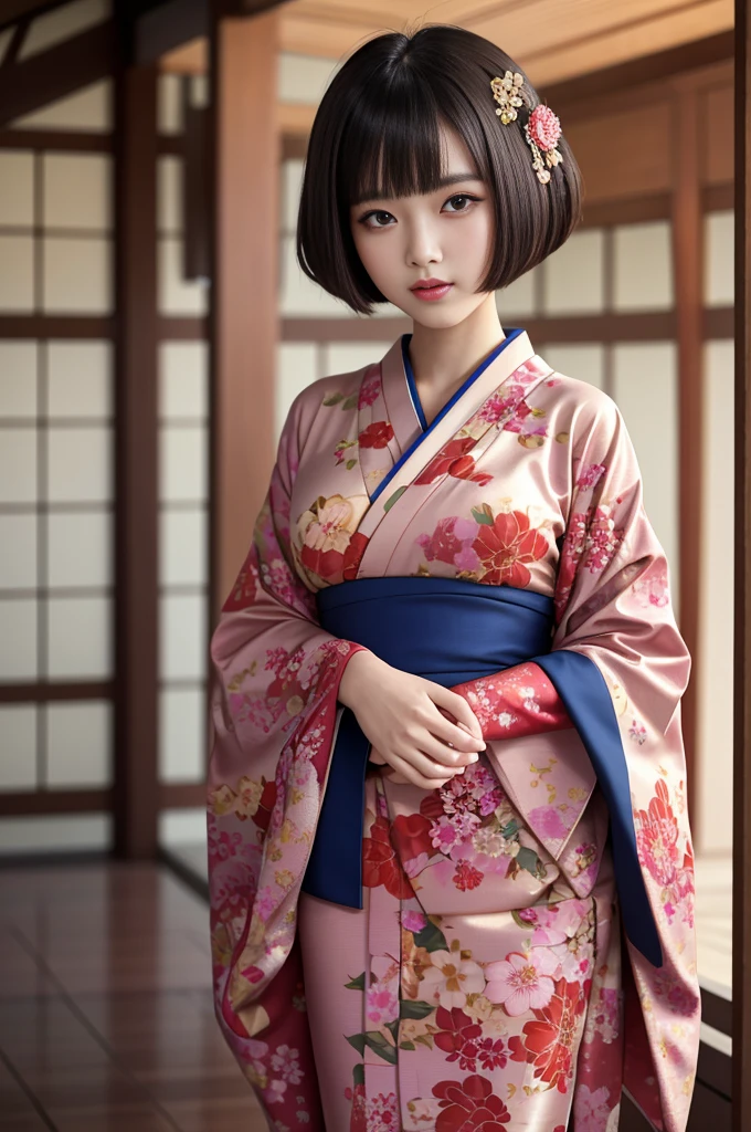 Highest quality, masterpiece, High resolution, One girl, Beautiful and perfect face, Bobcut, Japanese Clothing,kimono, Intricate details, Cinematic atmosphere, 8K, Very detailed