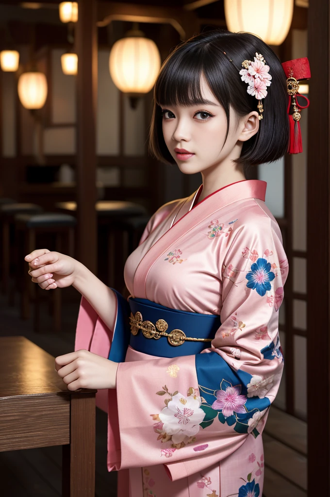Highest quality, masterpiece, High resolution, One girl, Beautiful and perfect face, Bobcut, Japanese Clothing,kimono, Intricate details, Cinematic atmosphere, 8K, Very detailed  
