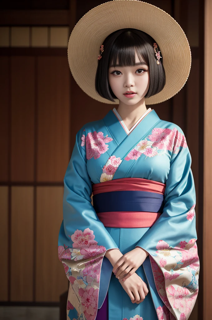 Highest quality, masterpiece, High resolution, One girl, Beautiful and perfect face, Bobcut, Japanese Clothing,kimono, Intricate details, Cinematic atmosphere, 8K, Very detailed