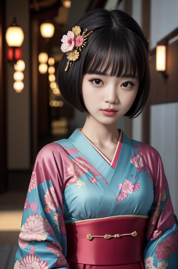 Highest quality, masterpiece, High resolution, One girl, Beautiful and perfect face, Bobcut, Japanese Clothing,kimono, Intricate details, Cinematic atmosphere, 8K, Very detailed