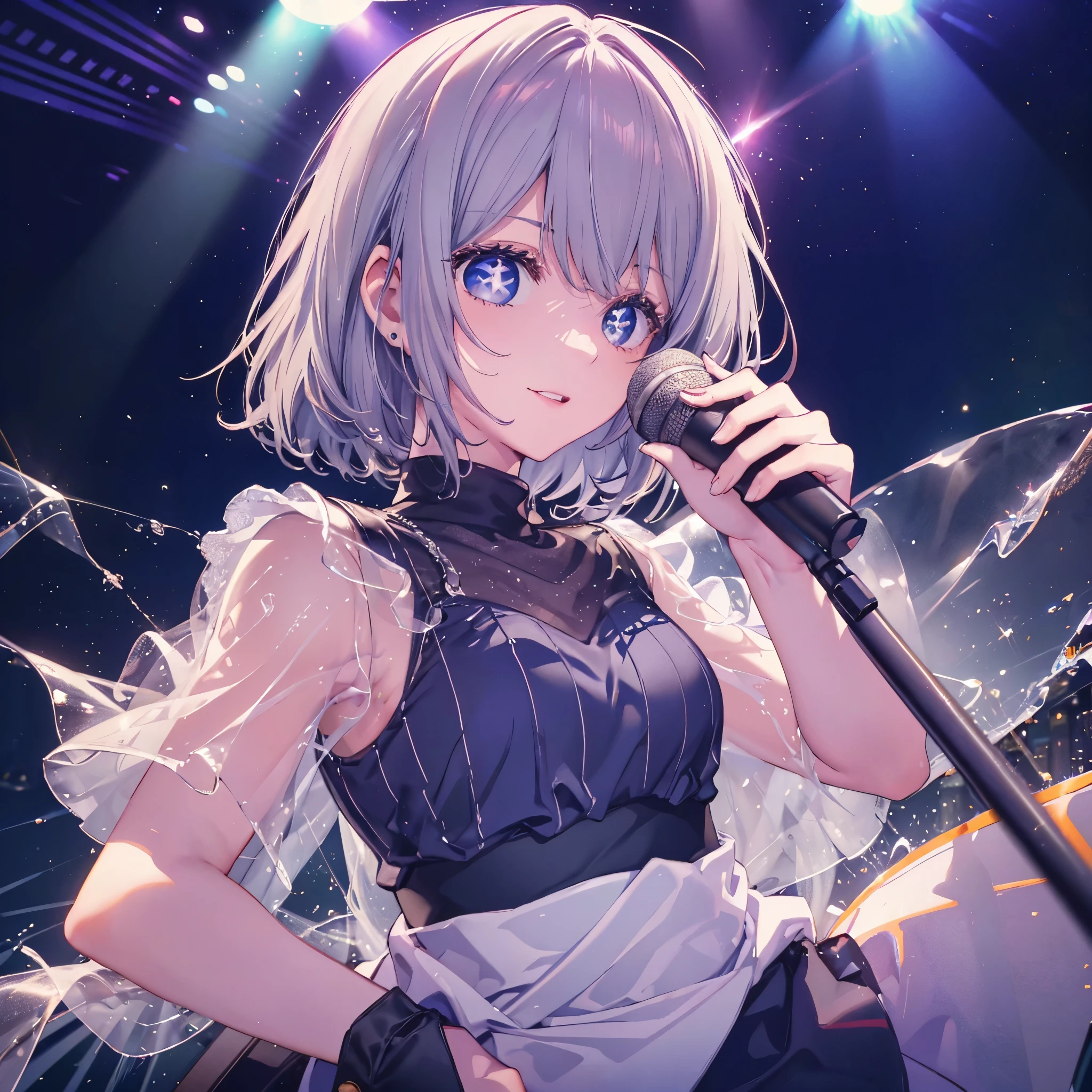 (((1 person Gray Hair dress singer blue eyes There is a microphone stand in front of you.))) ((High resolution short hair 青いdress Black Skirt Rin々Funny face)) ((Close-up)) ((Sing a song Shining Aura On stage Guitar solo)) (smile Exposure to blue light) Shining Background Shining Edge