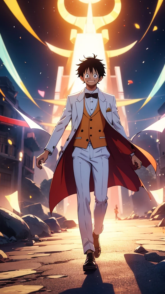 Top Half body, (masterpiece, best quality:1.2), solo, 1boy, Monkey D. Luffy, One piece anime character, black hair, looking at viewer, official art, extremely detailed CG unity 8k wallpaper, perfect lighting, (masterpiece:1.0),(best_quality:1.0), ultra high res,4K,ultra-detailed, photography, 8K, HDR, highres, absurdres:1.2, bokeh:1.2, lens flare, (vibrant_color:1.2), white Tuxedo suit, Groom suit, full body, Gala dinner, happiness, smiling, smart posture