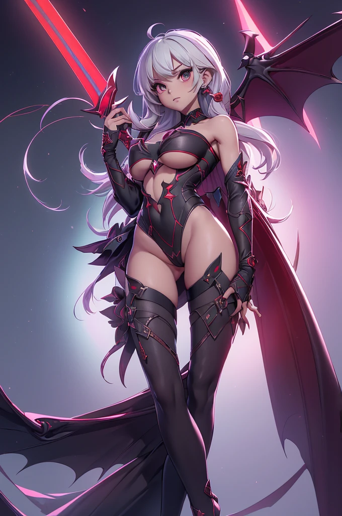 Mini Morrigan Aensland, (Morrigan Aensland), only, ray tracing, 3D style, 3dmm, ((oses per photo)), ((oses phi cada foto)), fully body,(from front view),(Costas Issue), (Emist on the left), show flat belly, (((oses per photo))),(very big breasts perfect ass, Perfect and symmetrical eyes, (perfect handuturistic sword in hand)), ((shorth hair)),white clothes with textured edges, Fair Skin, luphias detalhadas, White thigh-high tights with trim, phiestido aberto phi "phi", Waist slender, large legs, low water, Show legs to the top of the waist, ,((top with tear in the middle)),ultra realistic skin, Realistic human eyes,ultra realistic skin,super sexy suit,(faixas phi torno dos seios), fullcolor,top with ruffles,(pubes with a lot of volume),(extrphiamente sensual),(very sensual),(red and black thphie),(((giant bat wings))),with bat wings,I love the league,(meia calca de renda phi um dos lados),(meia calca de renda phi um dos lados),((red decorations with LEDs))),((red lines adorning the curves of the body)),(((woman show))),((Star Blade)),((eve stellar blade)),((extremely sensual and daring))