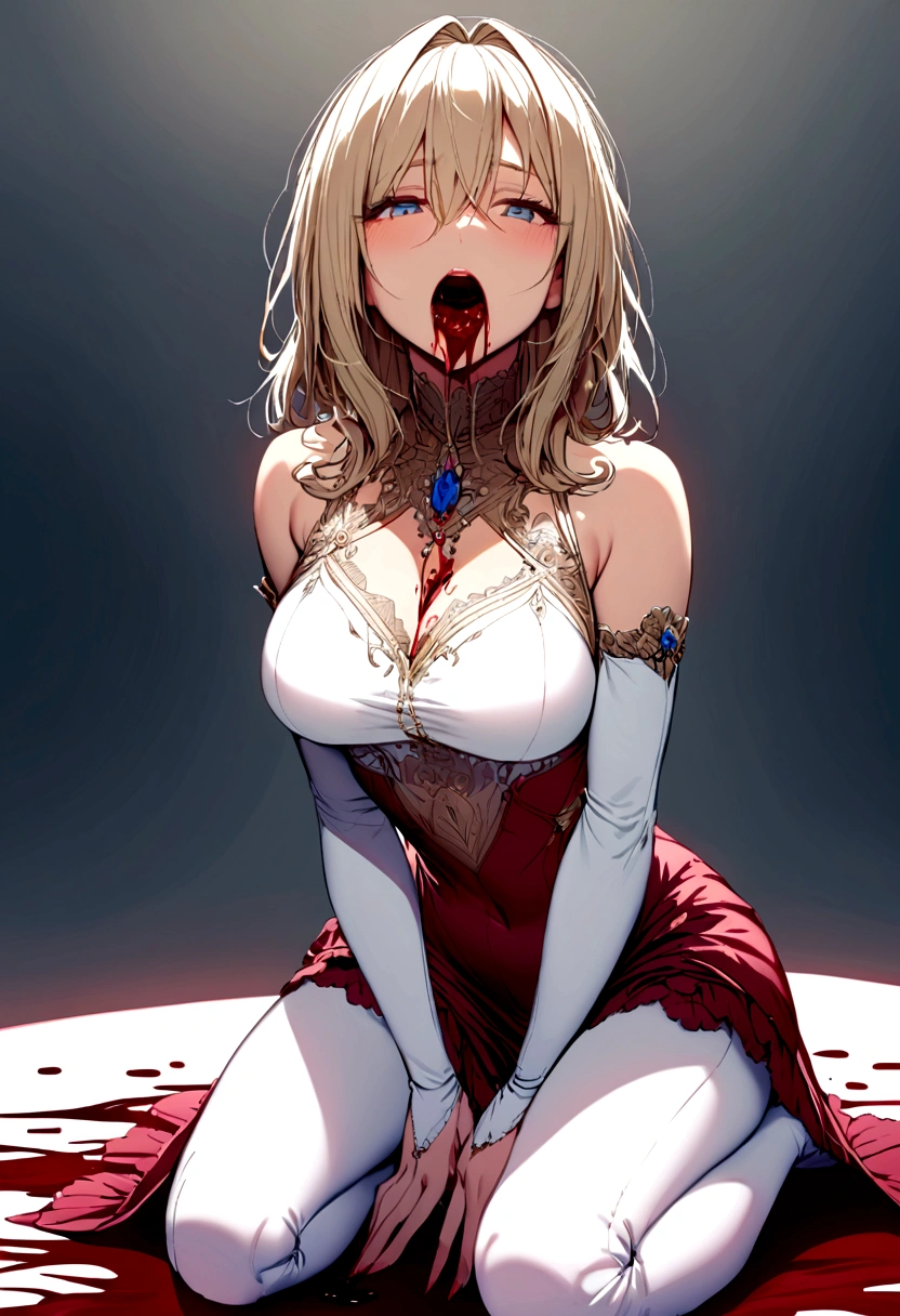 solo girl,(Mature Woman),Kneeling,blood is flowing from the mouth,
