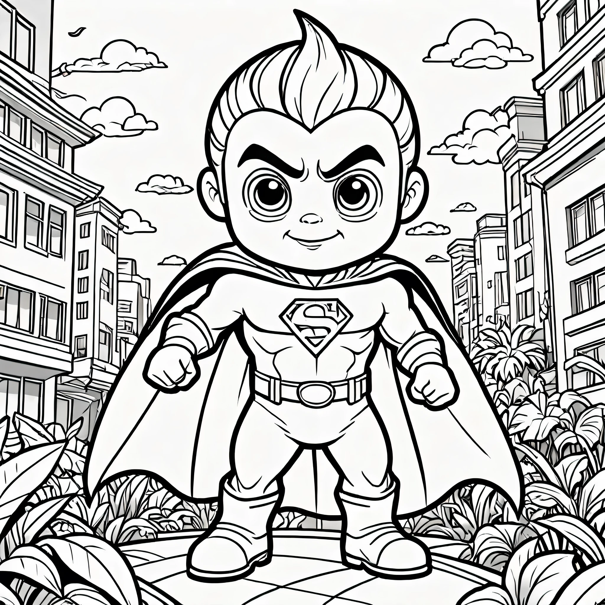 Children's cartoon super hero in banana style. Children's coloring illustration. Black outline and white background. 