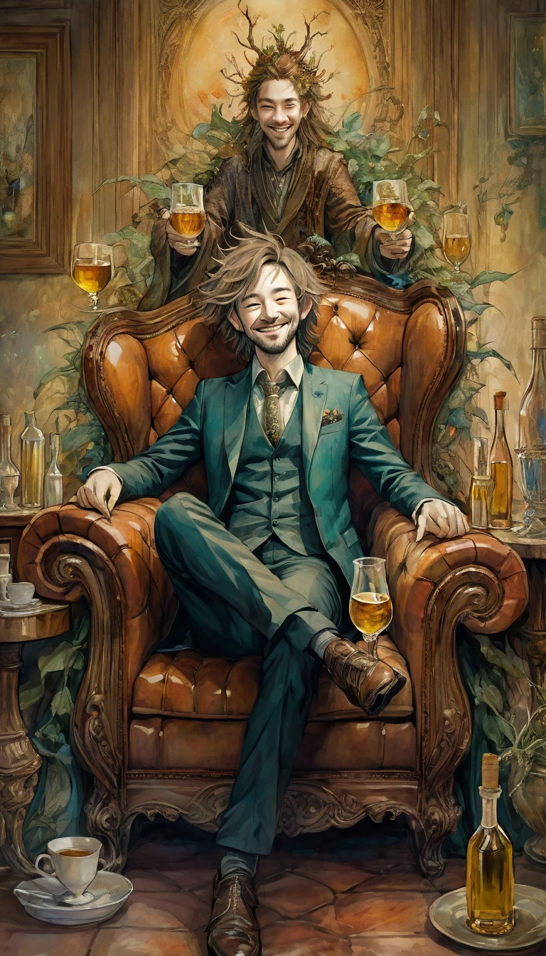 A man smiles sitting on a luxurious sofa, with nine cups of liquor on top of him on a piece of furniture,
(art inspired by Brian Froud and Carne Griffiths and Wadim Kashin, intricate details, oil painting)