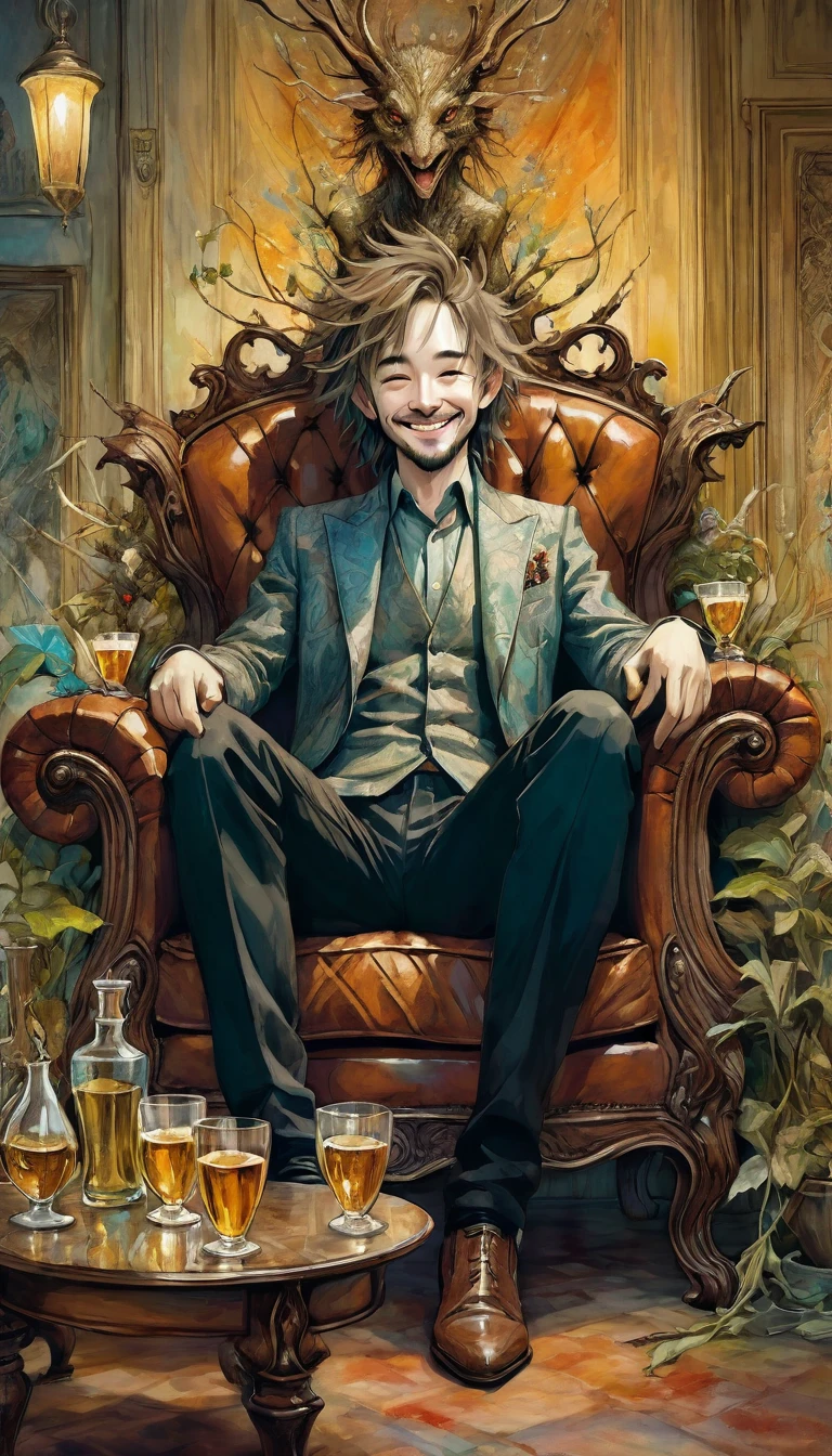 A man smiles sitting on a luxurious sofa, with nine cups of liquor on top of him on a piece of furniture,
(art inspired by Brian Froud and Carne Griffiths and Wadim Kashin, intricate details, oil painting)
