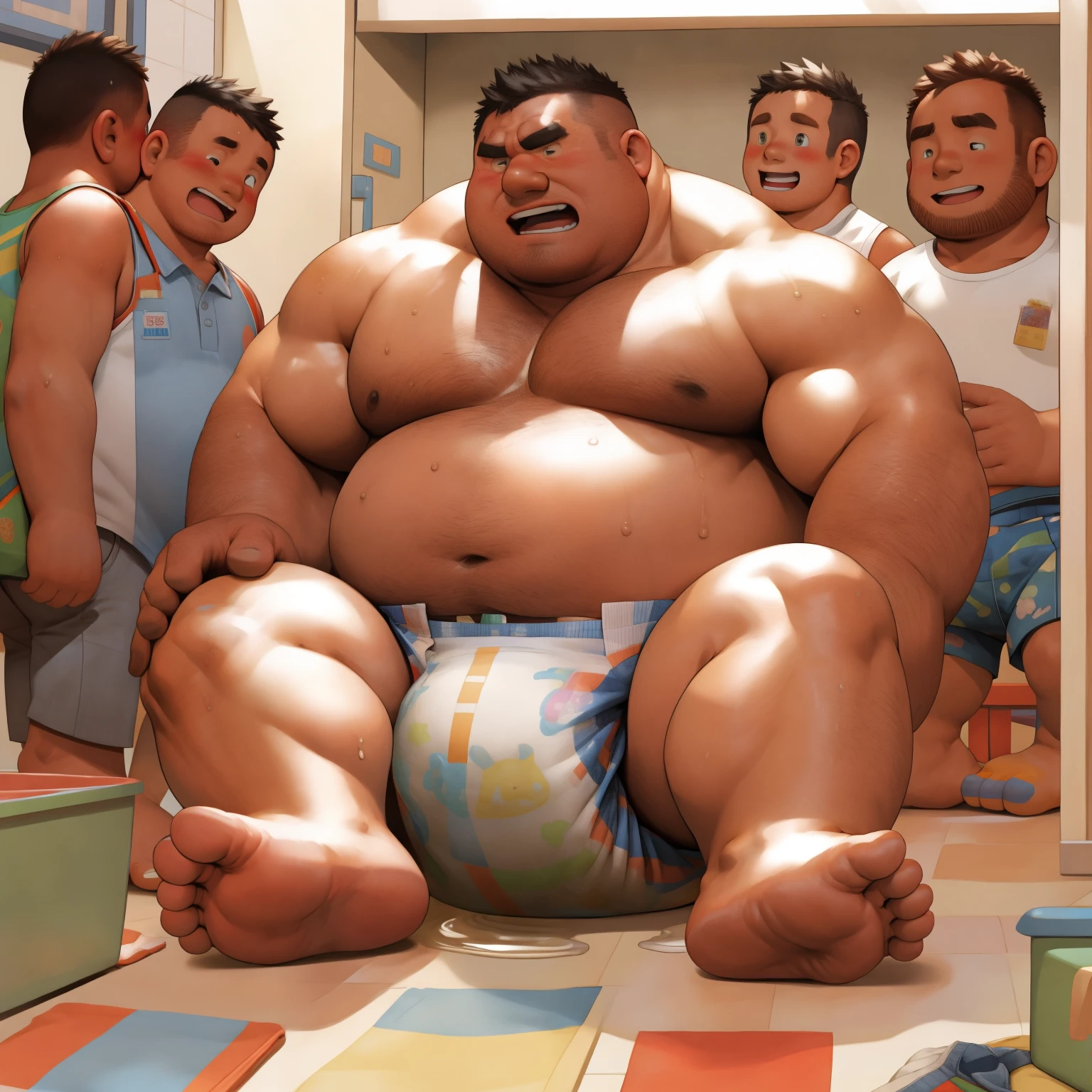 masterpiece, Top quality, in 32K, perfect anatomy, hyper detailed, super fine illustration, The thick man is a brutal prisoner, retarded, hairy human, 50yo in Japan, (fatness: 1.0), Fatty muscle, Bowleg, disappointment, incontinent, shy, sissy, Weaker than children, Drool, Round face, be diaper check by children, waddle, There is a small puddle under him, incontinent, Naked, short legs, Bowleg, spread legs, wear a White cloth Diaper, Bare belly, Bare legs, Bare foots, Bare soles, Shirtless, wide forehead and short thinning hair, Man with round face with stubble, Bare foots, Bare soles, He enters nursery school and is despised by children, He surrounded by children, His bottom is wet, Bare foots, big butt, he is scolded by the children, White Diaper, He surrounded by children, sobbing, wear a White cloth Diaper, shirtless, There is a small puddle under him, He enters nursery school and is despised by children, big butt, sobbing, He crawling to go to children, on all fours, side view