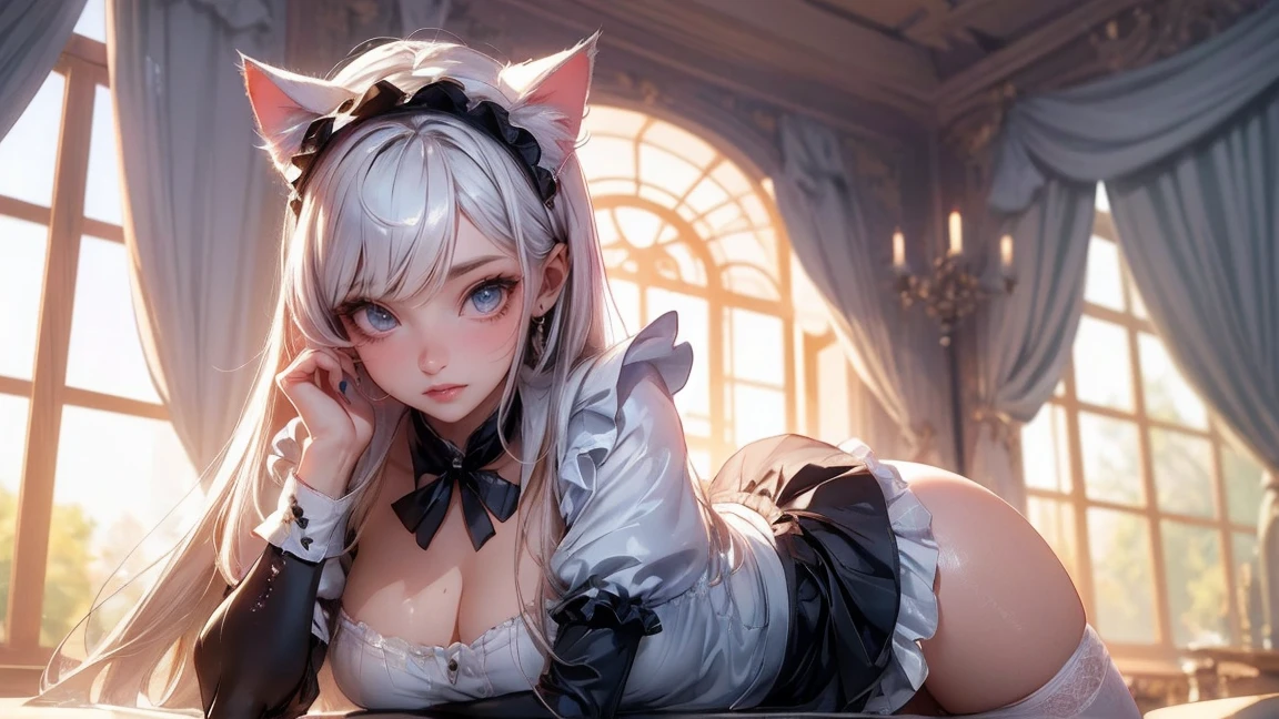 (masterpiece:1.3), (8K、best qualそれy:1.3), Highest image qualそれy, Intricate details, High resolution, Depth Field, Natural light, Professional Lighting, (1 Girl), (alone), gravure, (A so beautiful 18 year old Brそれish girl), (so beautiful:1.3), (Very cute face:1.3), (Beautiful face wそれh perfect symmetry), (Skin with attention to detail: 1.2), Photorealistic Anime Girl Rendering, Realistic anime 3D style, Beautiful platinum blonde hair, Long Hair, Crossed bangs, Asymmetrical bangs, eyelash, Strong eye highlights, (Awesome cat ears:1.3), Perfect Anatomy, The whole body is visible, (Beautiful platinum blonde hairのミドルウェーブヘア), (Beautiful purple eyes, Beautiful eyelash、Realistic eyes)), Dynamic Angle, ((Perfect Anatomy)), ((British maid, whそれe frilled maid headband, Frilled blouse, Ribbon tie, apron, Navy Blue Skirt, Silk socks, High heels)), ((Silk lace panties, Shiny thighs)), (Recall, smile),Volumetric lighting, Soft Light, Bright colors, Watercolor, Bright colors, Create digそれal artwork in pop art style,Having a letter
