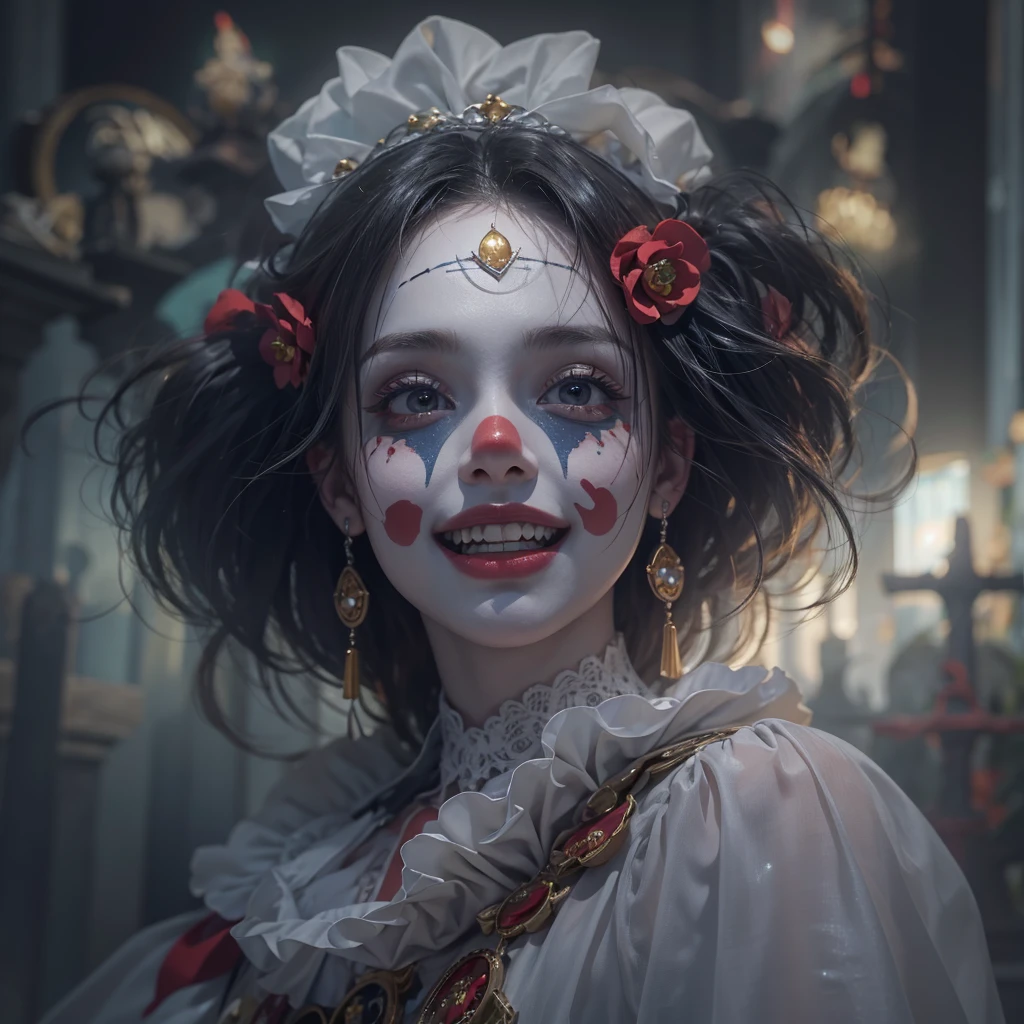 Standing in the grave、Hair flow、 ((Highest quality、masterpiece、8K、Best image quality、Ultra-high resolution、Award-winning works)、(Accurate ???????:1.1)、(Look at me and smile:1.1)、Shining fair skin with Ultra-high resolution、The most detailed face、Ultra-high resolution detailed face、Ultra-high resolutionの髪の毛、(Ultra-high resolution eye:1.1)、Beautiful face drawn in every detail、Cheerful clown costume, Chest to chest,  Strange atmosphere, Ghosts flow, Dark Light, At the cemetery, Heavy makeup 