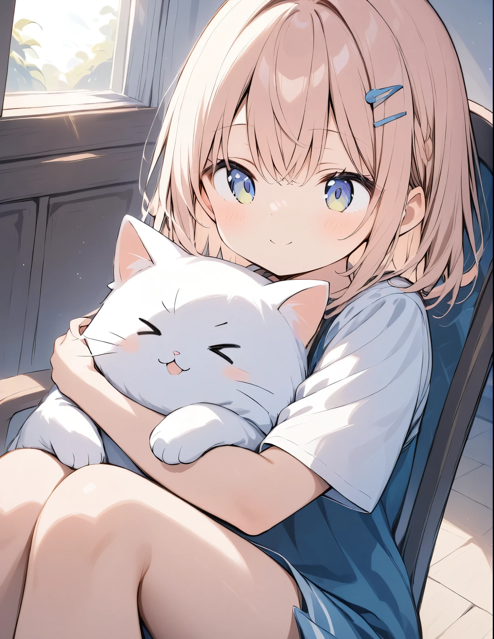 (アニメ)、(masterpiece:1.2),atmospheric perspective,lens flare、Girl hugging a cat、cute、Iris、Droopy eyes、Hair clip、Sitting on a chair、The sunlight is enveloping the girl, creating a light effect.。
preparing 
