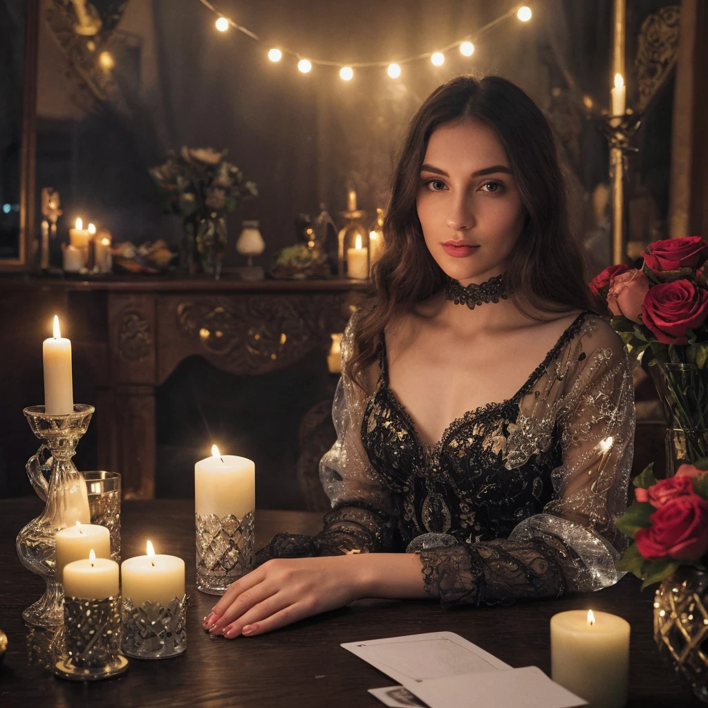 tarot reader 35 years woman sit on a table with cards, crystals and candles, beautiful detailed eyes,beautiful detailed lips,extremely detailed eyes and face,longeyelashes, beautiful portrait, hyper realistic, intricate details, cinematic lighting, vibrant colors, magical atmosphere, mystical, ethereal, occult, dark fantasy

