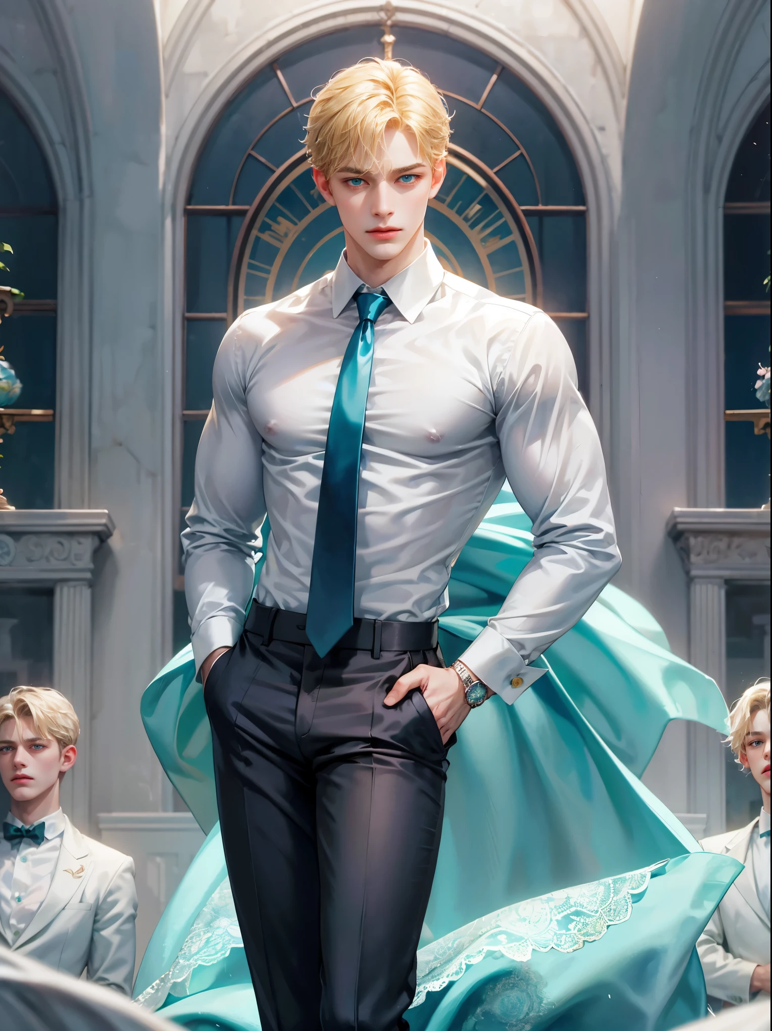 A boy, medium blonde hair, sky blue green eyes. He wears a white shirt with a fuchsia tie. He has grey pants. Handsome boy, detailed eyes, detailed face, detailed hands. He has his hands in his pockets. He looks at the viewer. Full figure. Background a castle