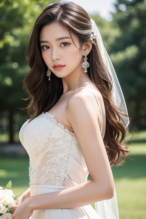 highest quality、4K、Beautiful lady、Perfect Face、Perfect Style、perfect body、Sunburn、beautiful lady、mature、long curly layer brown hair、Swept-back hair、full body, sexy 、charming、healthy、wedding dress