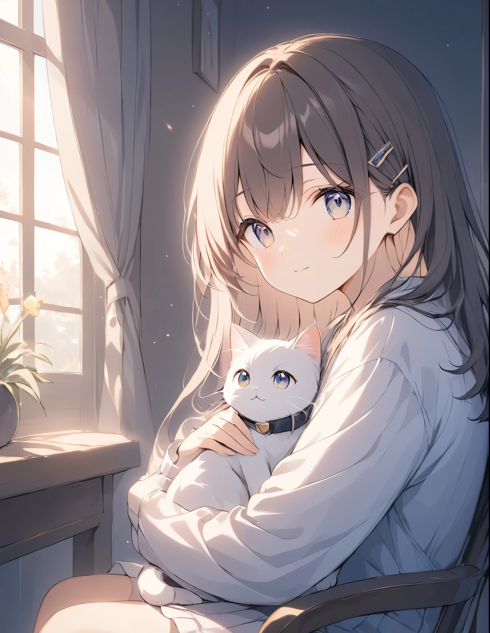 (アニメ)、(masterpiece:1.2),atmospheric perspective,lens flare、Girl hugging a cat、cute、Iris、Droopy eyes、Hair clip、Sitting on a chair、The sunlight is enveloping the girl, creating a light effect.。 preparing

