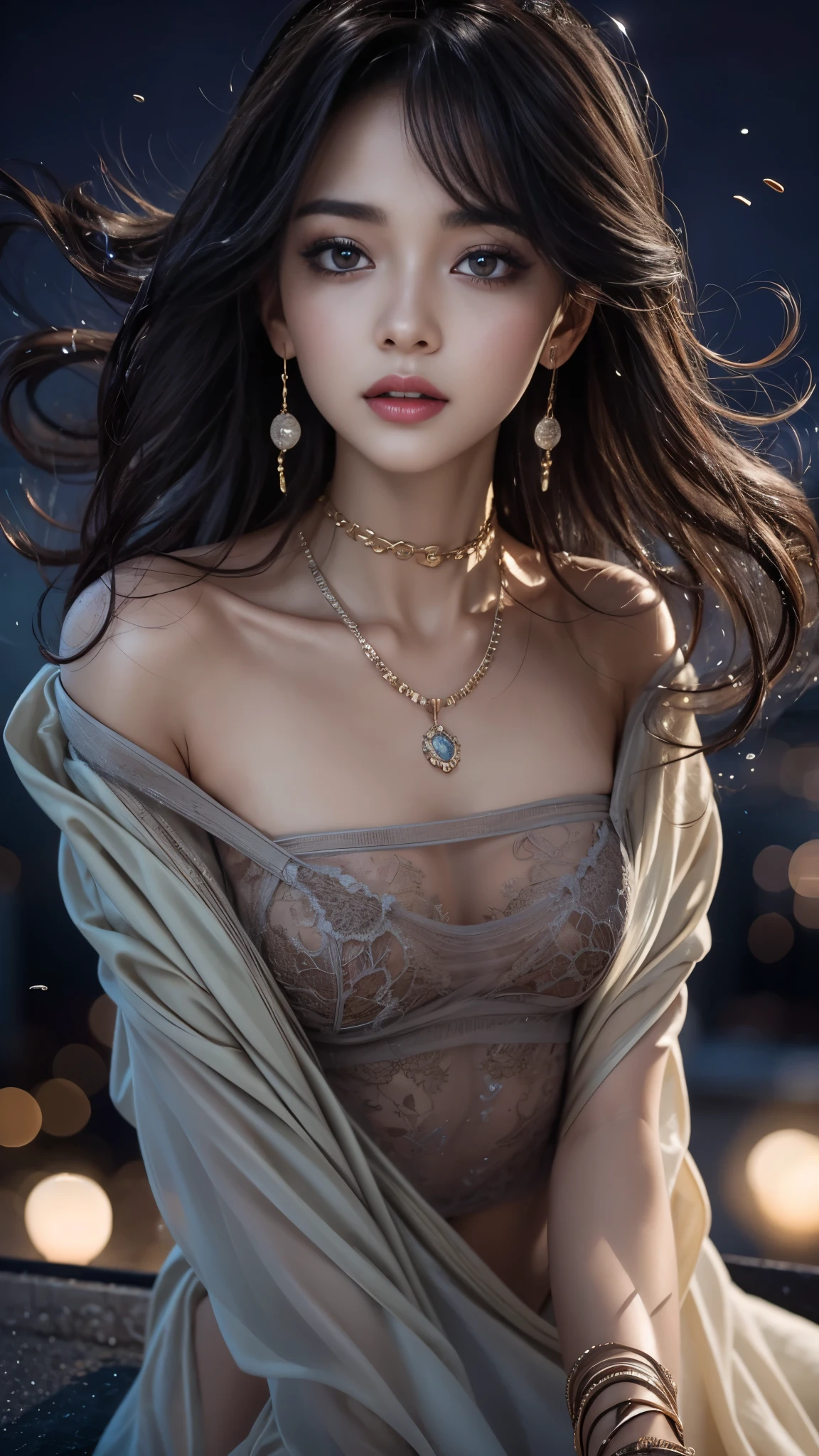 ((32k:1.5, Highest quality, masterpiece, Ultra-high resolution), Perfect dynamic composition, Professional camera work:1.6, Highly detailed skin and face textures:1.3, Mysterious portrait:1.2, Very accurate, Very detailed, One Girl, ((Night view from the rooftop, The moonlight at night illuminates my body)), (Black Satin Nightgown:0.5), Incredibly slim body, Very beautiful face, (Big eyes that exude beautiful eroticism:0.9, A dreamy look:1.0, I love you with all my heart:0.8, Please open your mouth a little, lipstick, Feel the beautiful eroticism:0.7), (Wet dark brown medium length hair), Candles, The chest is medium, Earrings, necklace, bracelet, Tilt, get up, ((attractive, Hair blowing in the wind))