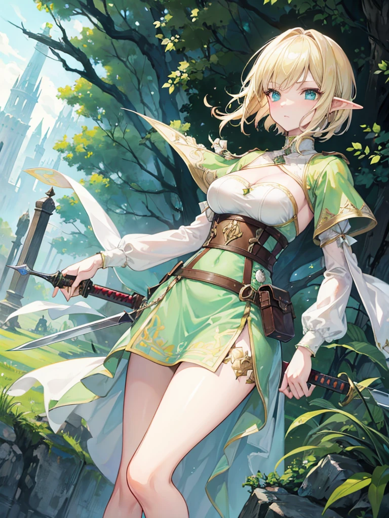 A woman elf with fair skin and short blonde hair. She have green eyes and wear the clothes of a medieval noblewoman. Holding a claymore sword.