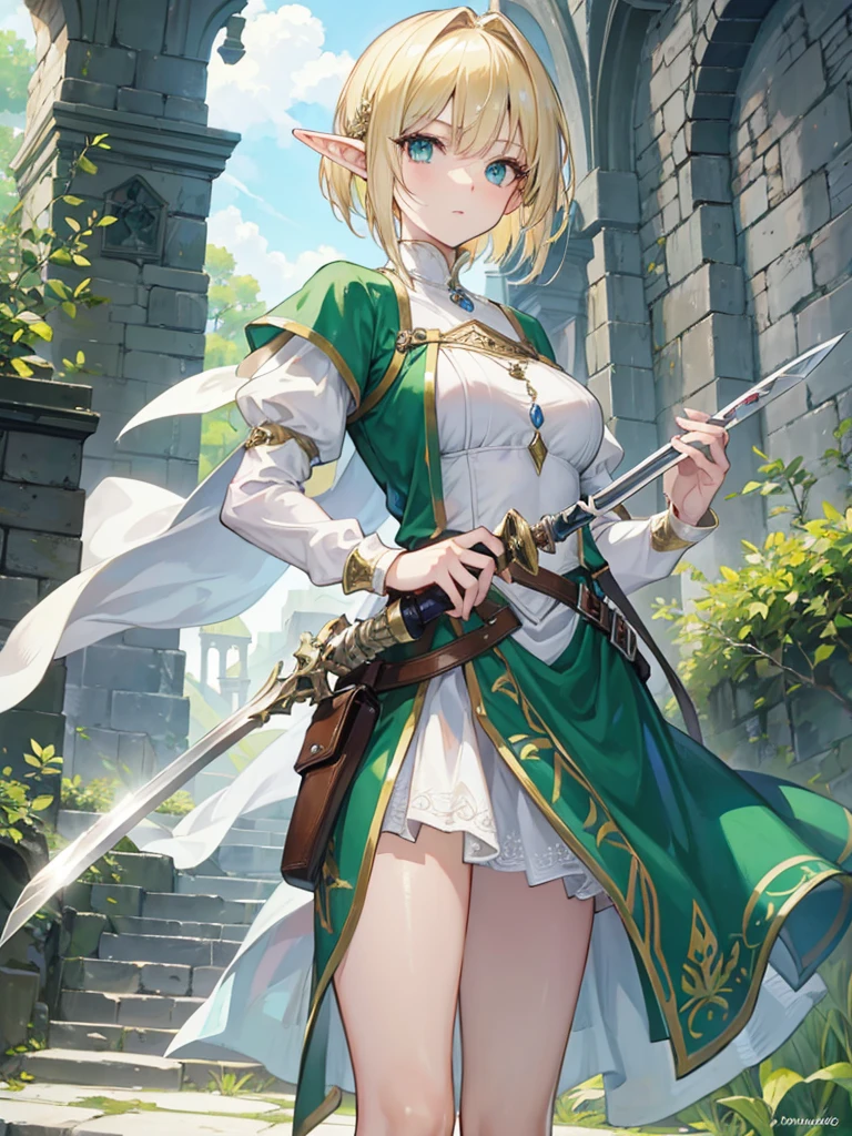 A woman elf with fair skin and short blonde hair. She have green eyes and wear the clothes of a medieval noblewoman. Holding a claymore sword.