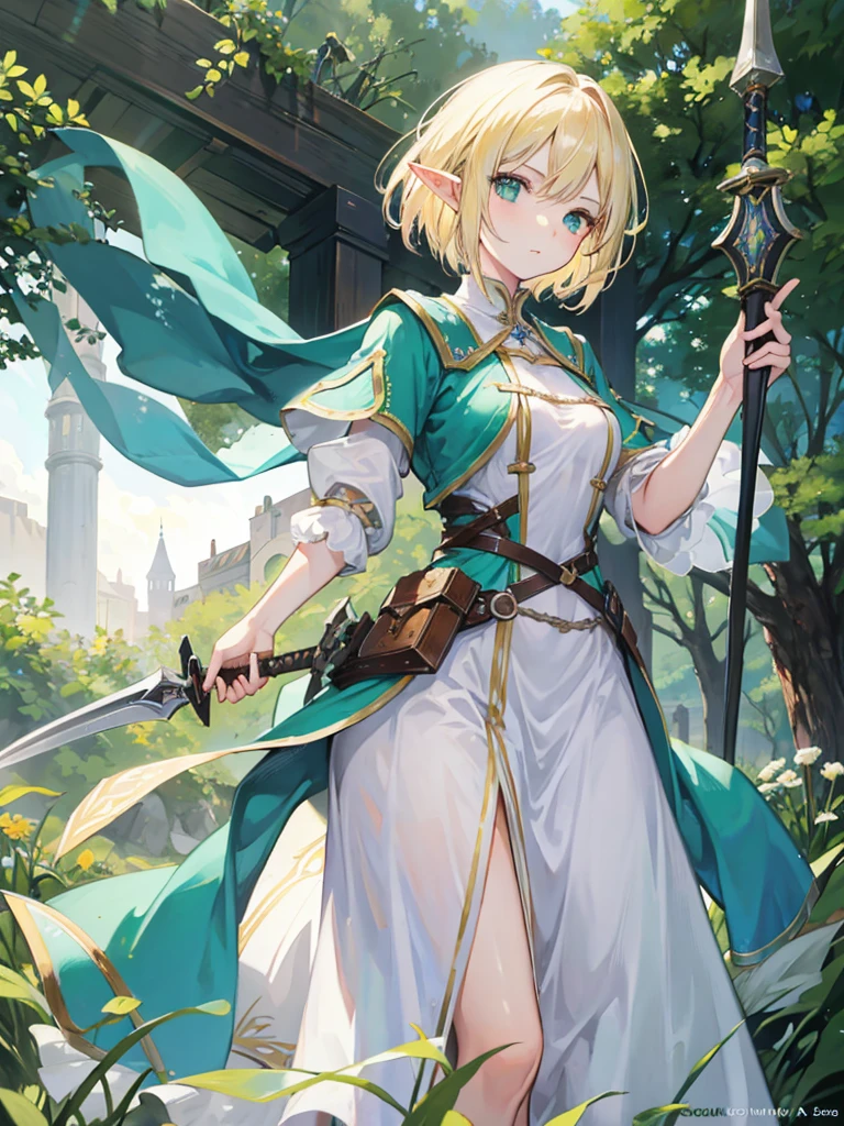 A woman elf with fair skin and short blonde hair. She have green eyes and wear the clothes of a medieval noblewoman. Holding a claymore sword.