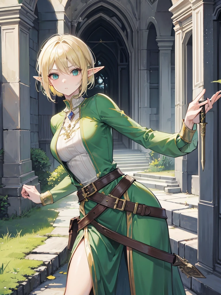 A woman elf with fair skin and short blonde hair. She have green eyes and wear the clothes of a medieval noblewoman. Holding a claymore sword.