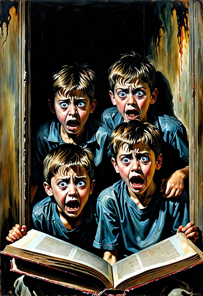 haunting horrifying true horror painting of three young boys in agony. the boys are shown in agony. the boys are sitting in a corner in fear. wide open book page. horror painting, horror. dark colours. scary eyes. disturbing faces. 4