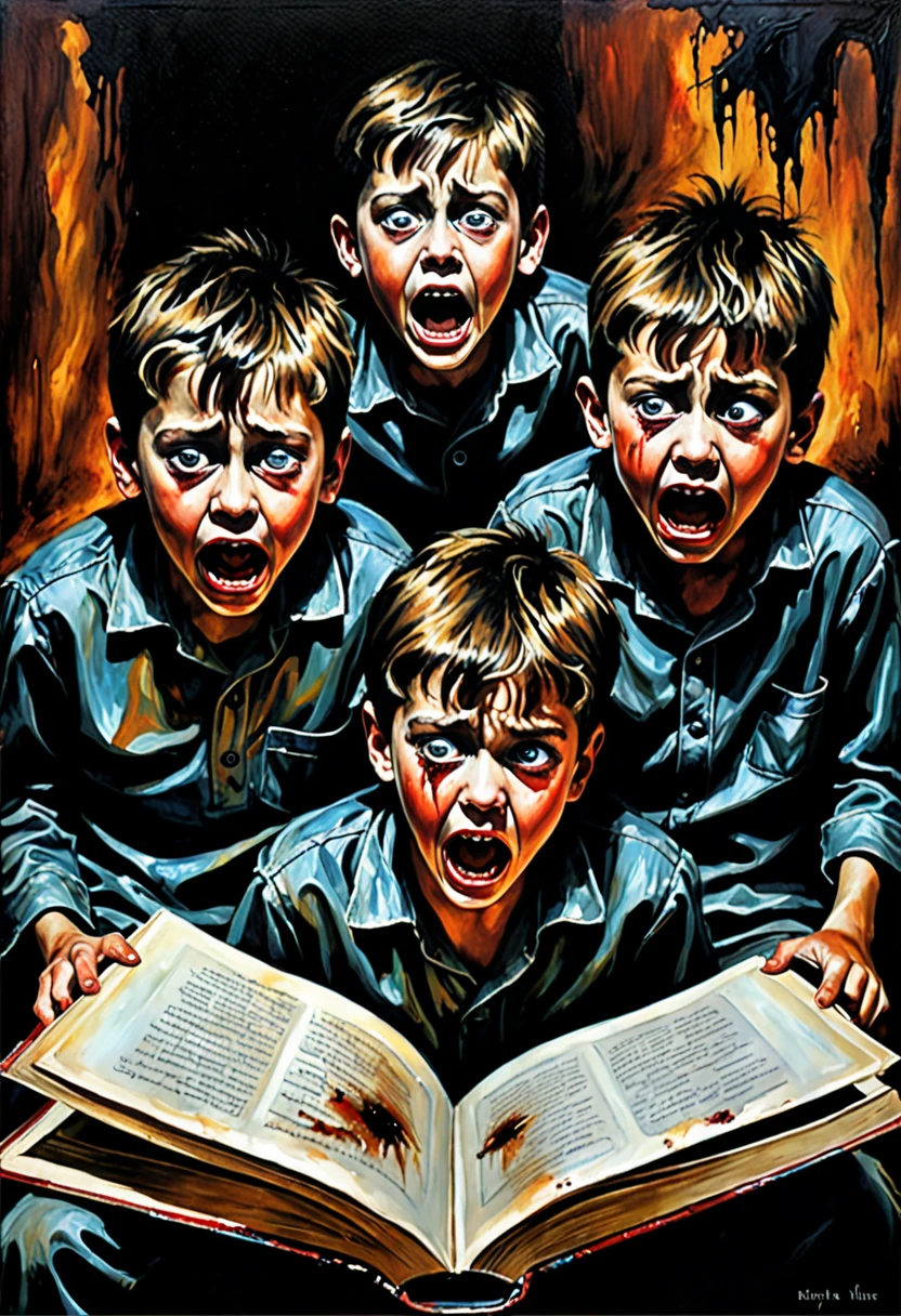 haunting horrifying true horror painting of three young boys in agony. the boys are shown in agony. the boys are sitting in a corner in fear. wide open book page. horror painting, horror. dark colours. scary eyes. disturbing faces. 4