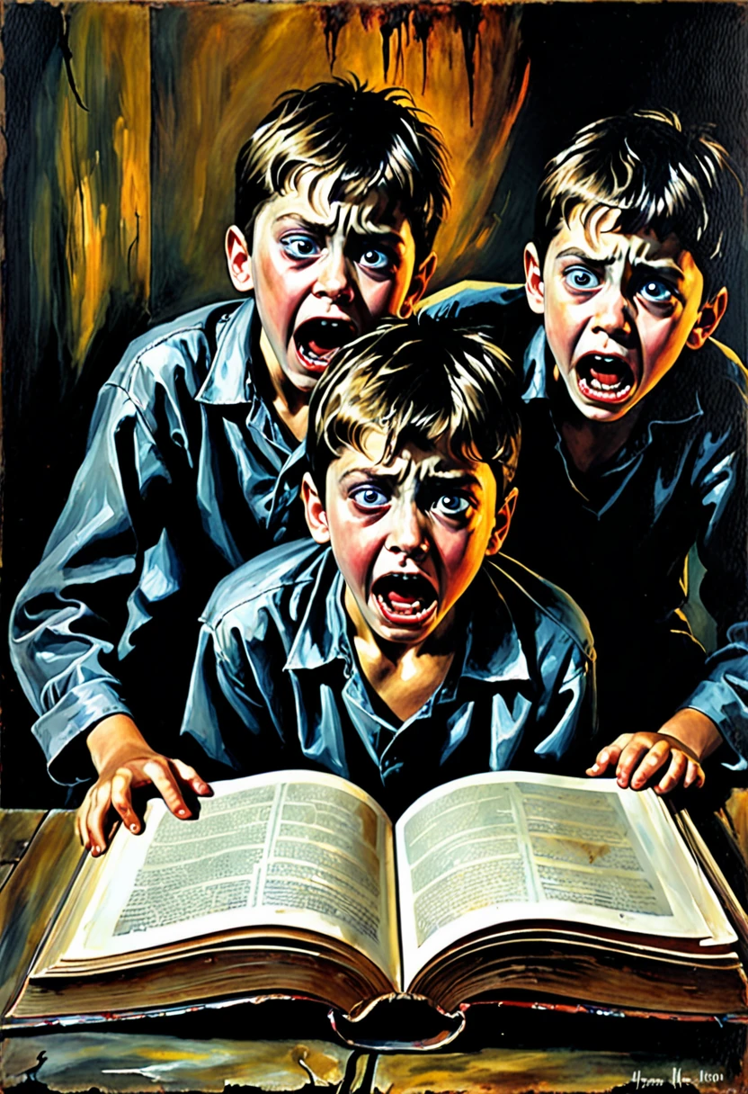 haunting horrifying true horror painting of three young boys in agony. the boys are shown in agony. the boys are sitting in a corner in fear. wide open book page. horror painting, horror. dark colours. scary eyes. disturbing faces. 4