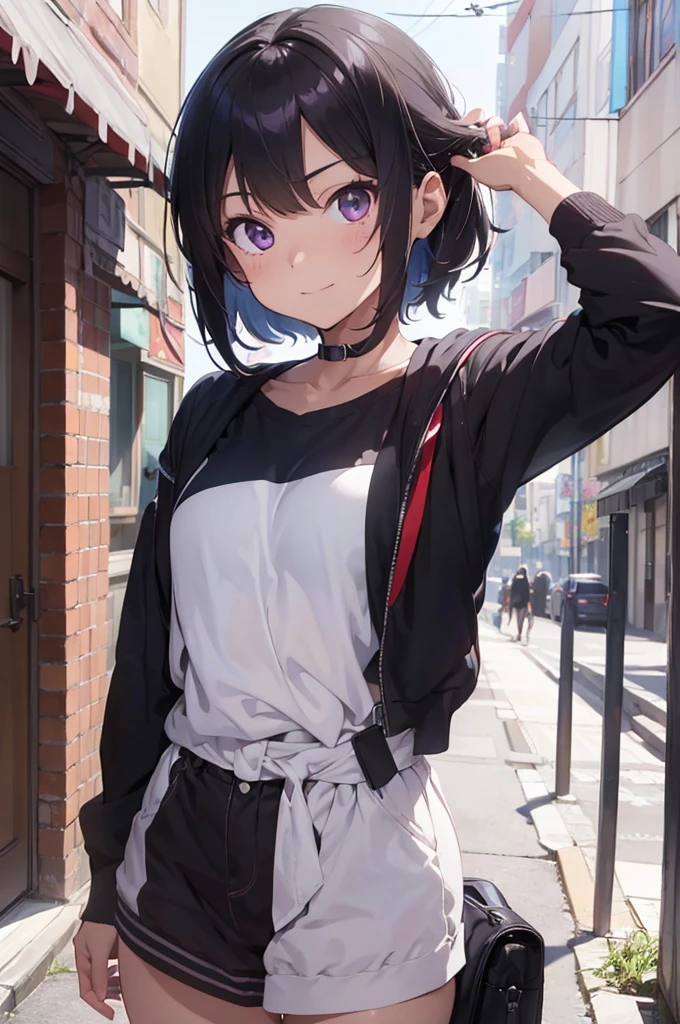 4K, (work of art), highest quallity, 2d, ((rebeld girl)), (age anime girl), holding a cellphone, selfie, short hair with long bangs, heterochromatic eyes, ssmile, full height, clean eyes, black eyelash, (intrincado detalhado), dramatic, makoto shinkai, purple eyes