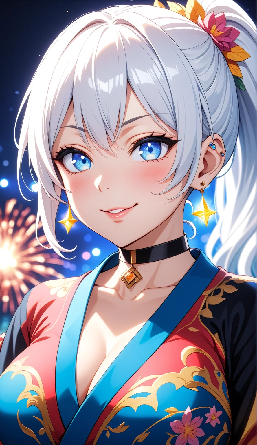 ((One personの女性)), Beautiful Face,((smirk)),((Wink:1.9)),((Touch your lips)), Laugh with your mouth wide open,((Bright red cheeks:1.4)),Shiny red lips,night,rooftop,Festive decorations,You can see the ocean, firework,Laughing with your mouth open,Glossy pink lips,Facial lighting,((Anime style background)),masterpiece, Highest quality, so beautiful,up to date, Complex details, (Pink long nails),(ring),(bracelet),(choker),AI-generated, Complex,High resolution, Highest quality, super high quality,3D Images、3D Images,One person,Long white hair,High Ponytail,(Pale eyes),Anime woman posing for a photo, ((fine grain、White-blue colorful eyes、Shining Eyes:1.4)),(Squint your eyes:1.1),a hyperRealistic , hyperRealistic , Realistic,Anime woman with long white hair, Smooth anime CG art, A woman in a colorful kimono with gold embroidery, (Black long sleeve kimono),Red floral pattern,Long flower hair ornament,big floral earrings,Mature Body,(Big Breasts:1.1),expensive,Abdominal muscles,Tight waist,(Zoom up to face:1.7),Shooting from diagonally below